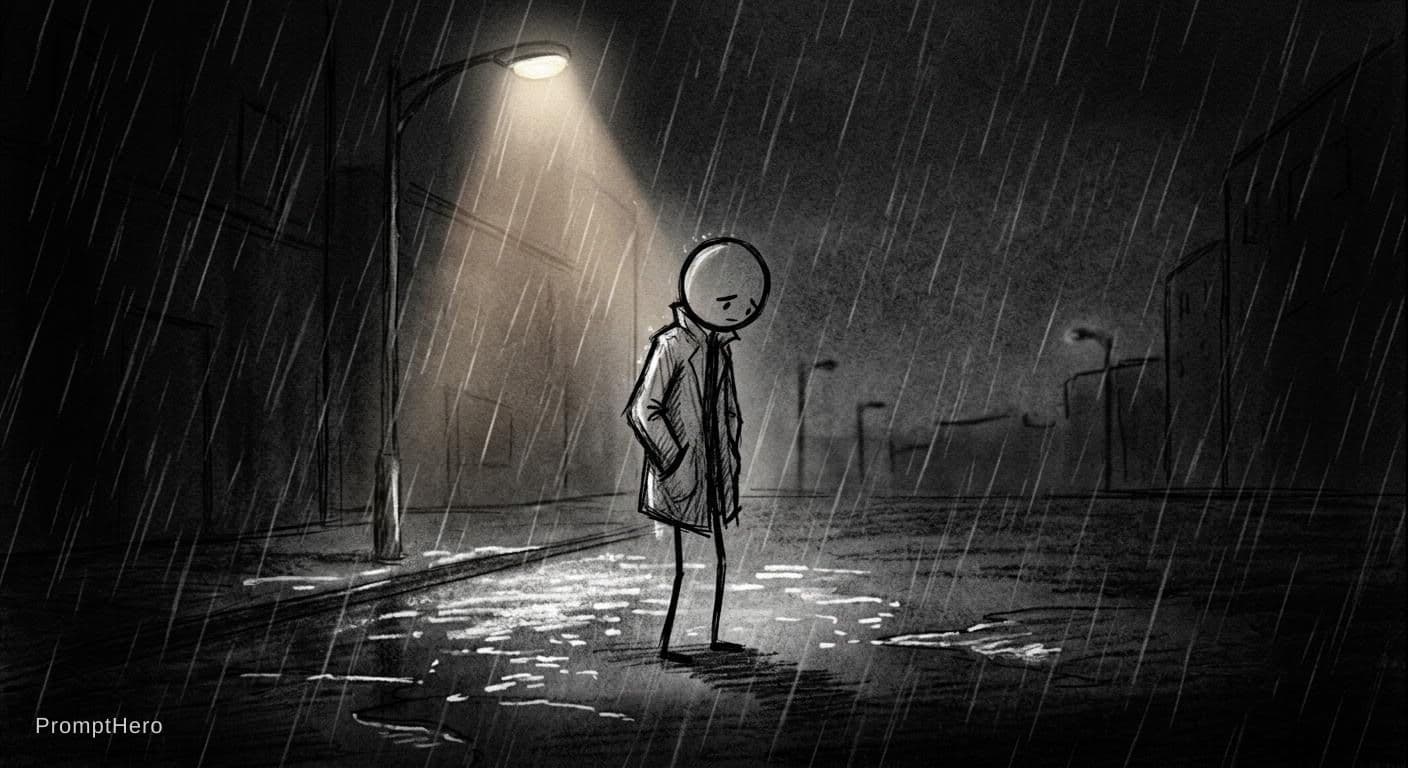 AI generated: A minimalist stickman standing alone in heavy rain under a streetlight, cinematic atmosphere, emotio...