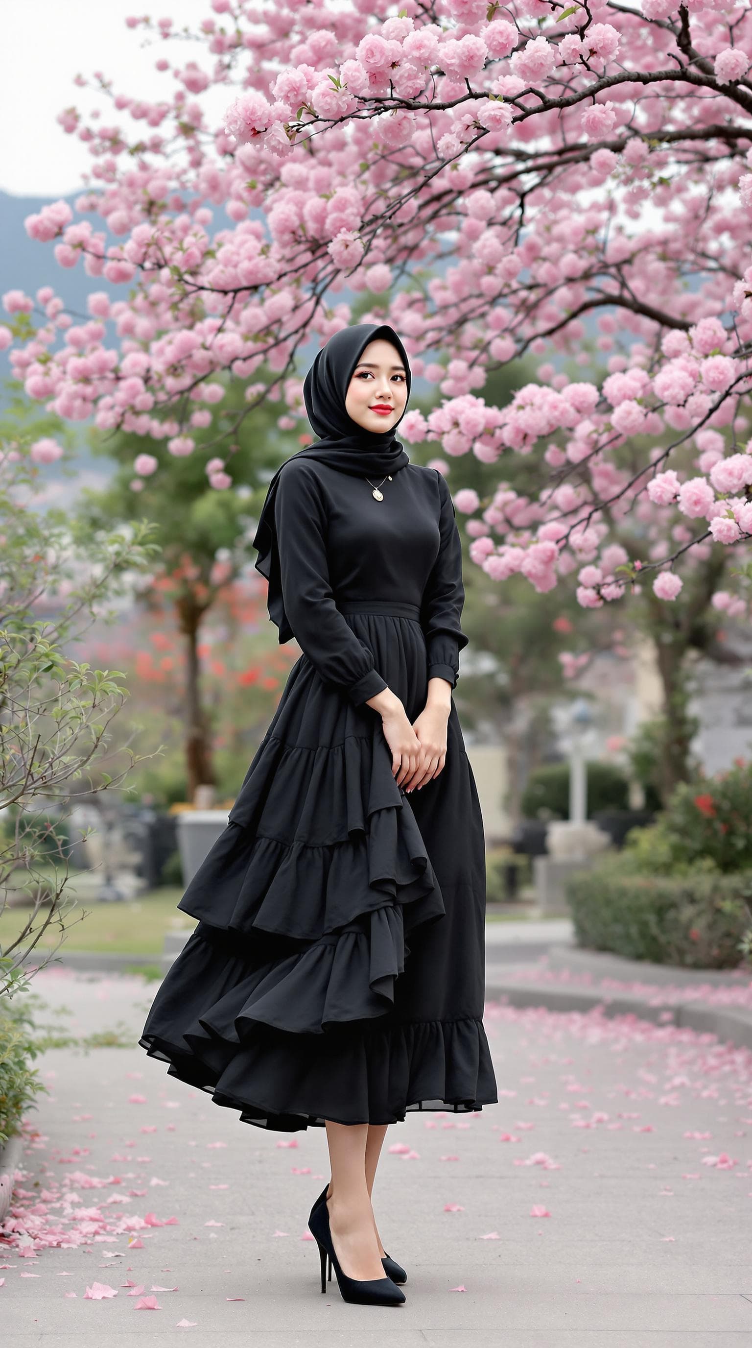 AI generated: a girl, Korean woman, korean ulzzang face, in a dress clothes, wear a black hijab and beautiful blac...