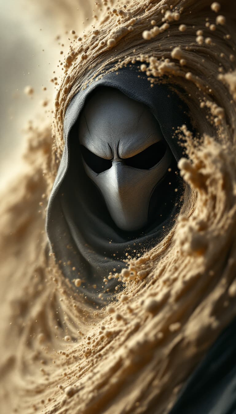 AI generated: Moon Knight dissolving into swirling sand, ultra-realistic, in the style of Marvel Comics, volumetri...