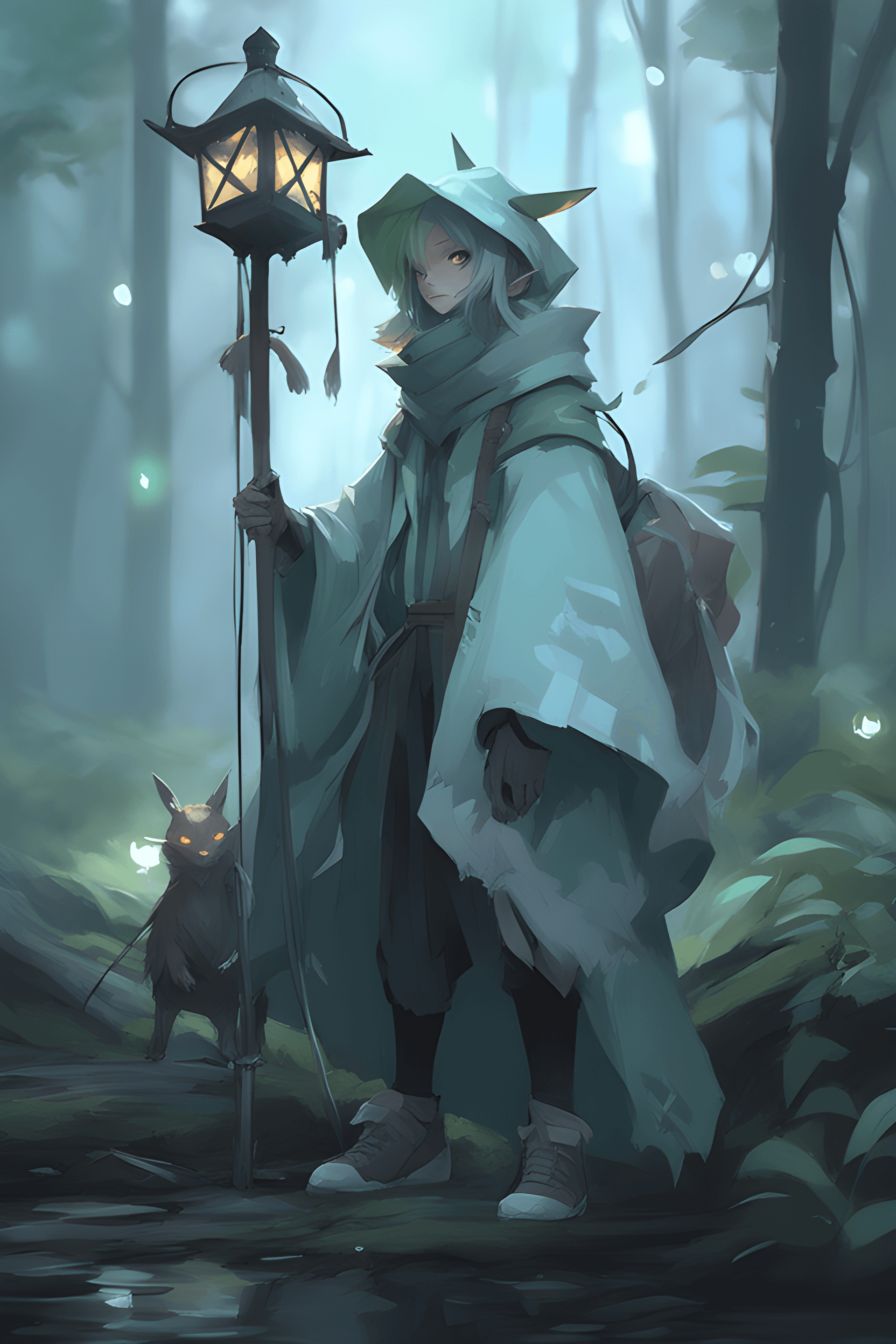 AI generated: anime character with a scyther in a forest with a lantern, portrait of a forest mage, forest soul, a...