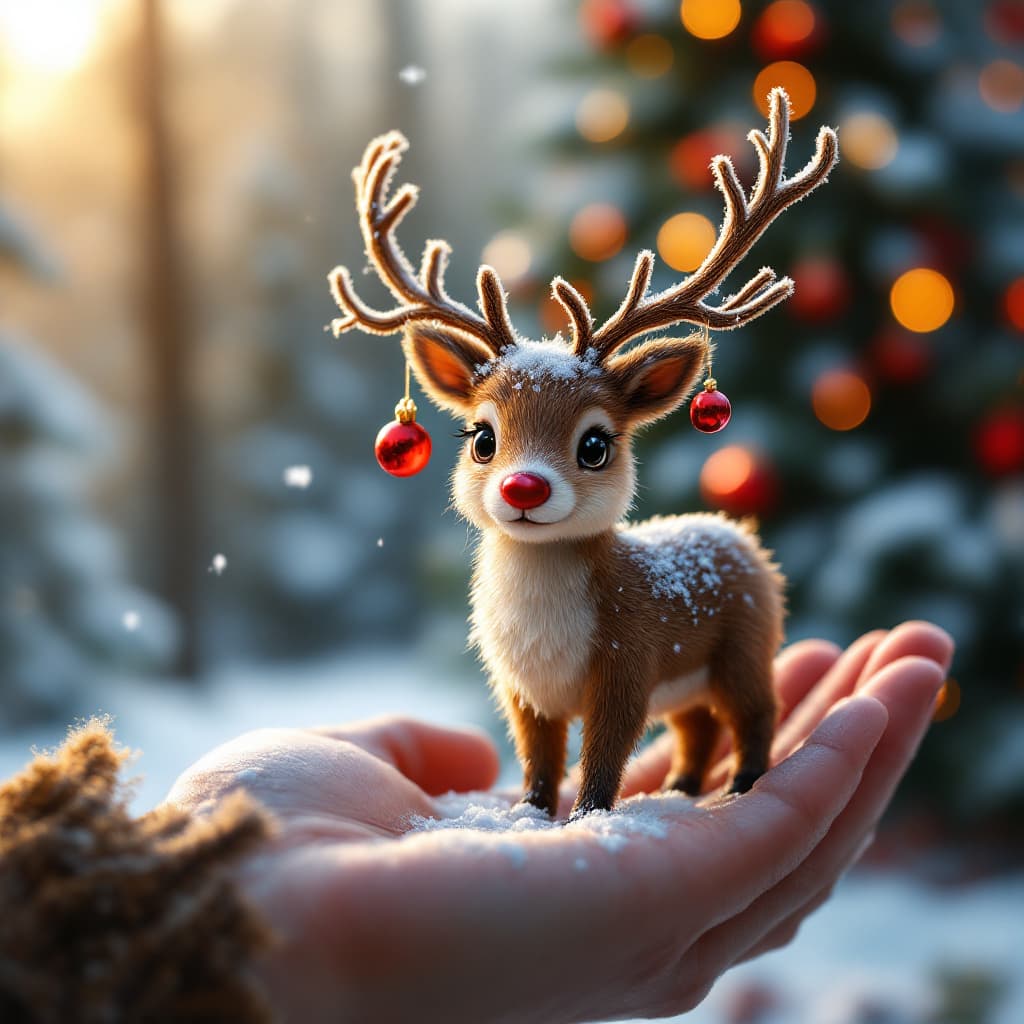 AI generated: A small reindeer with a shiny red nose stands, barely visible in the palm of your hand, with tiny ba...