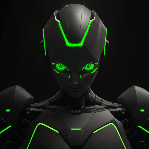 AI generated: 3d rendering, robot, front view, upper-body, neon glow with deep orange and green, gaze, glistening ...