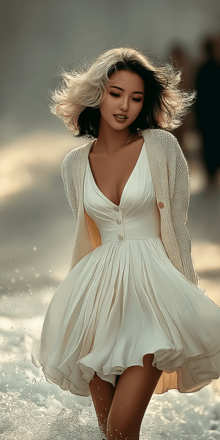 AI generated: A beautiful Asian woman with blonde hair, wearing an elegant white dress and cardigan sweater, is wa...