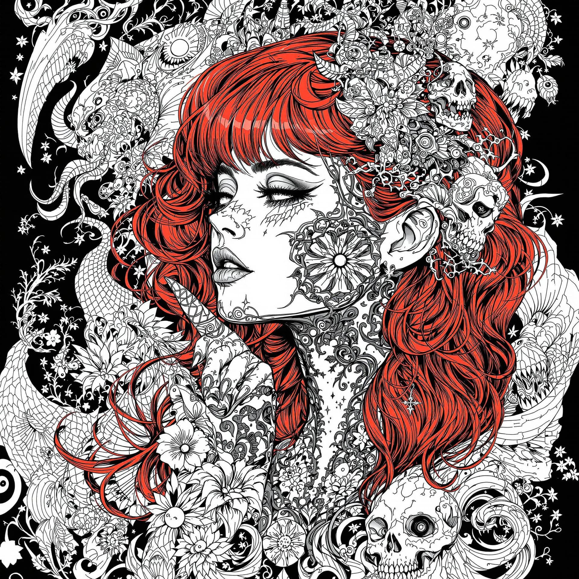 AI generated: Create a digital illustration in the style of Dora Art, depicting a tattooed female figure. The artw...