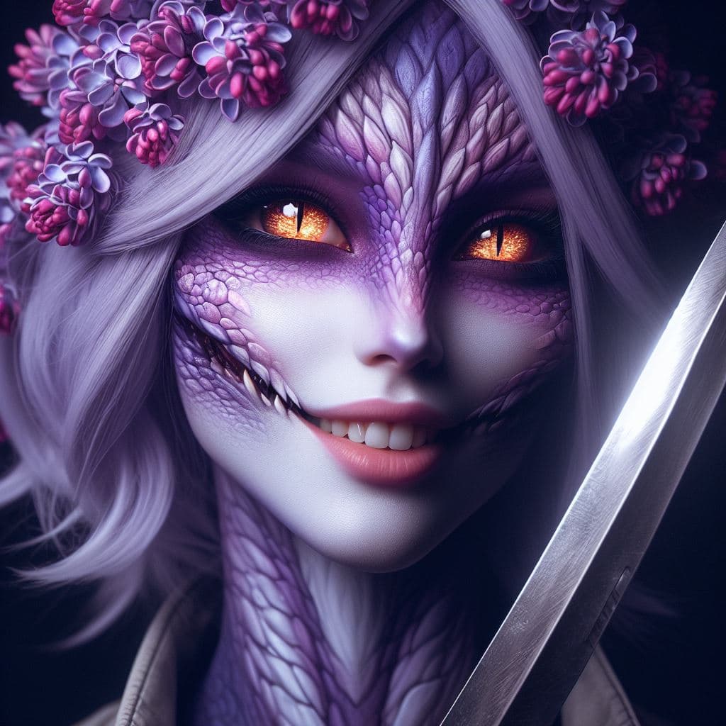 AI generated: a lilac with a human face, female lilac hybrid with dragon eyes, an evil smile with a evil sword, fa...