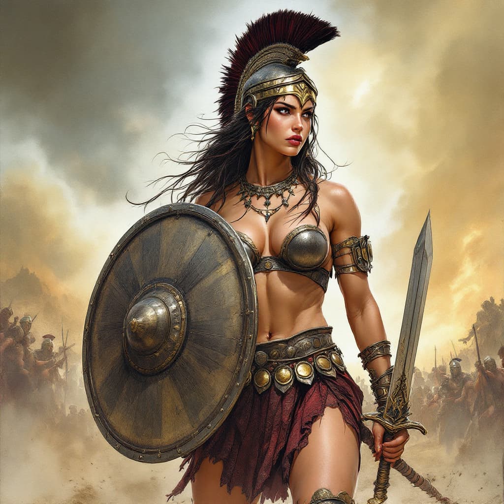 AI generated: Comic book realistic illustration, full body shot of a young gorgeous Spartan woman with thick aesth...