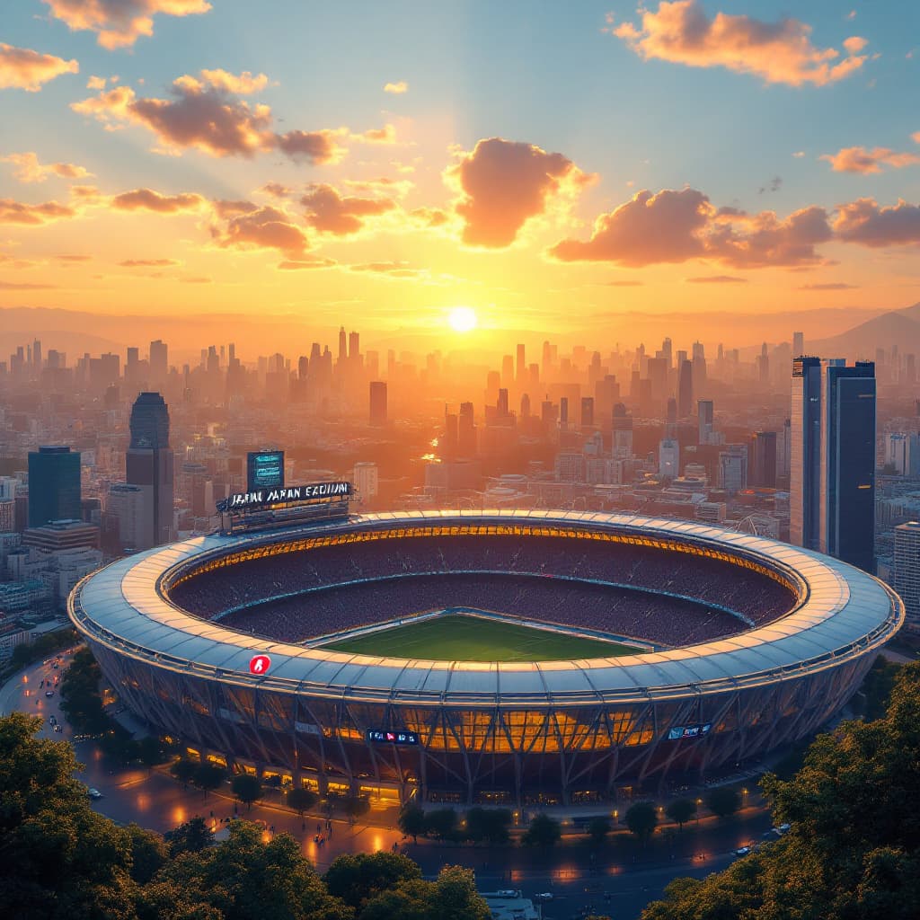 AI generated: Japanese style soccer stadium in Tokyo, sunset