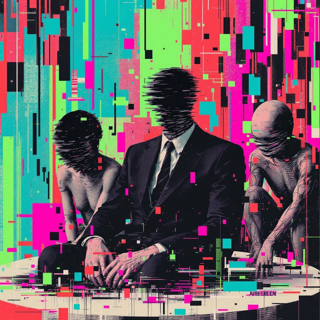 AI generated: A surreal, abstract artwork with a heavy emphasis on glitch aesthetics. Three distorted figures domi...