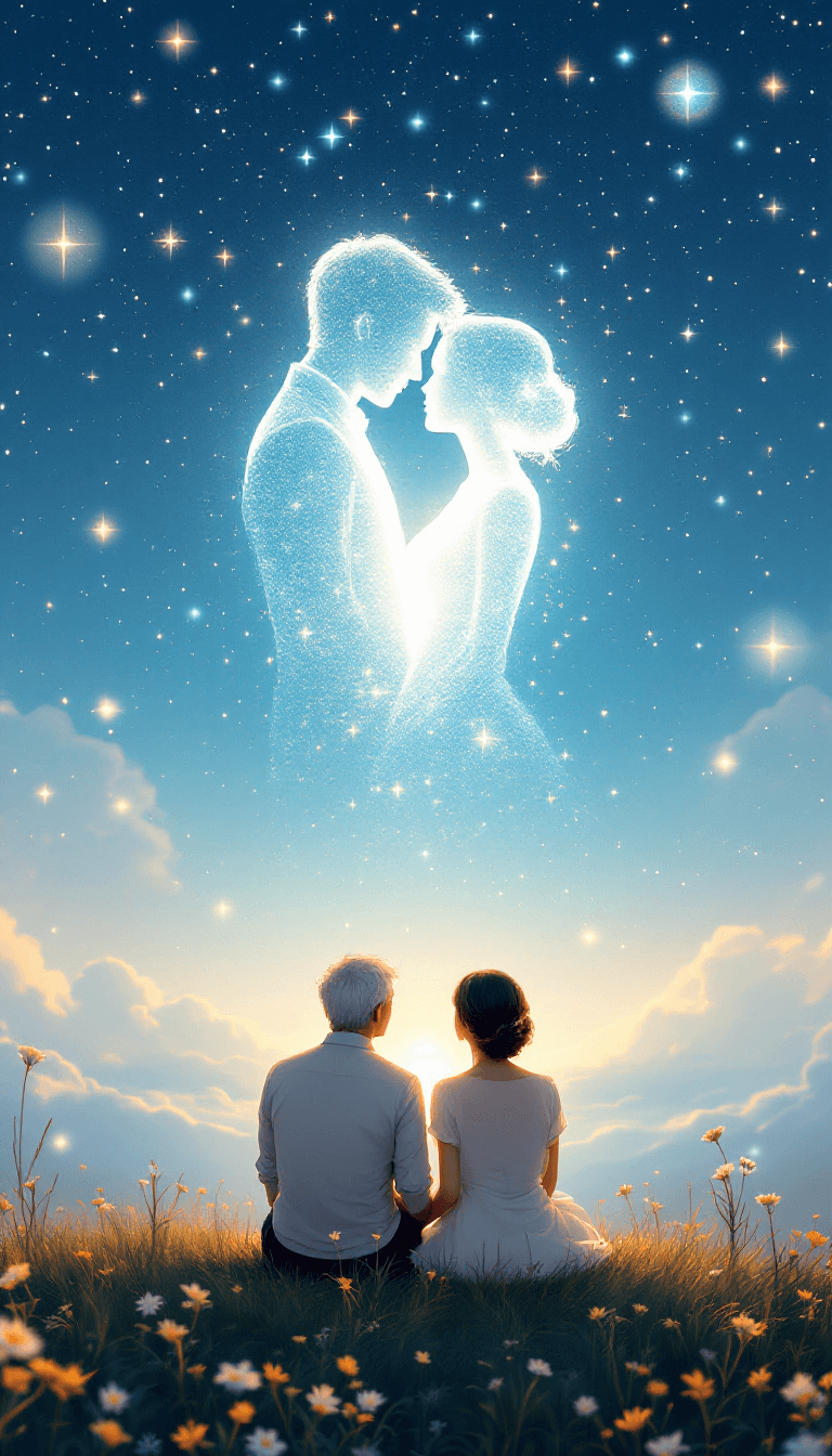 AI generated: An ethereal illustration of a romantic older couple sitting on a grassy hill under a vast, starlit n...