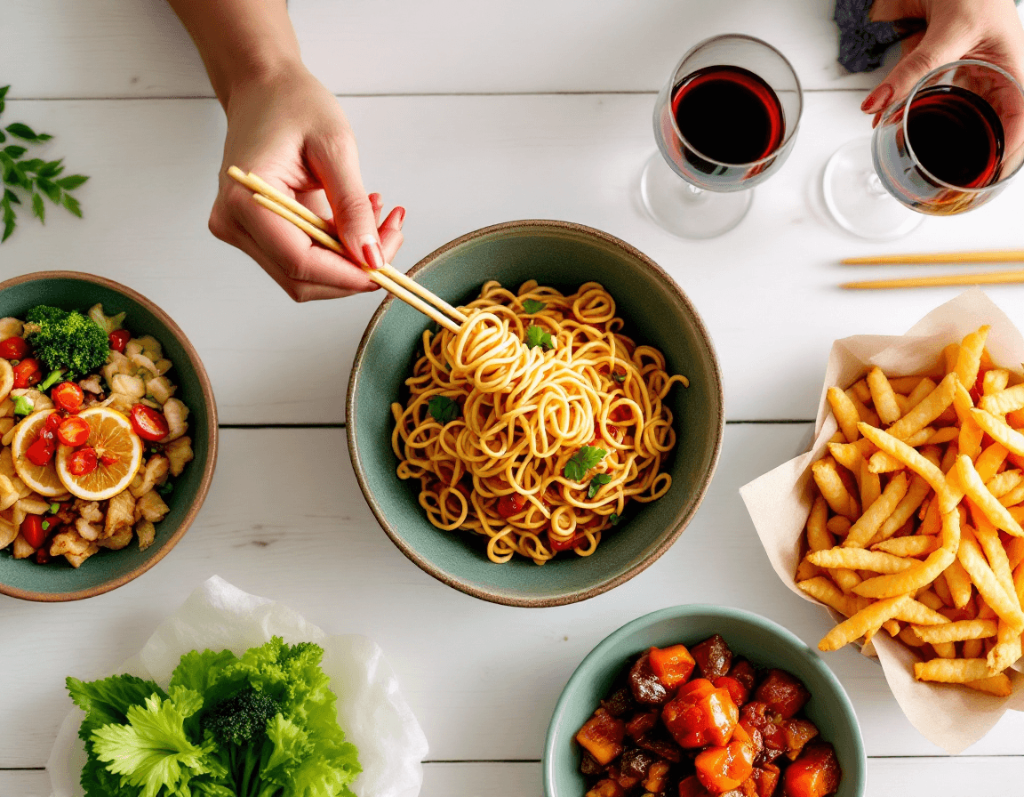 AI generated: The hands of a woman, bare arms, eating noodles from a green bowl. The white wooden table displays a...