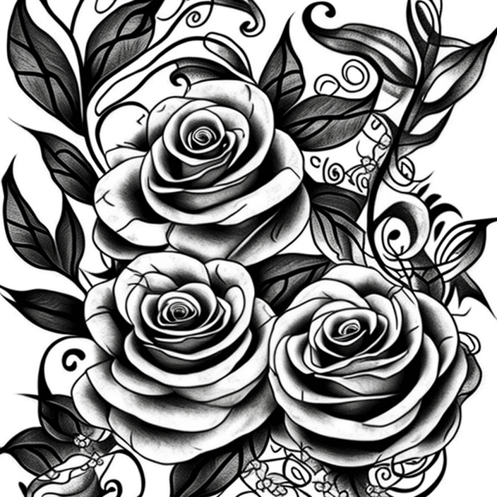 AI generated: Tattoo sketch, flowers, snakes, black and white, leaves with black fill, smooth transitions, floral ...