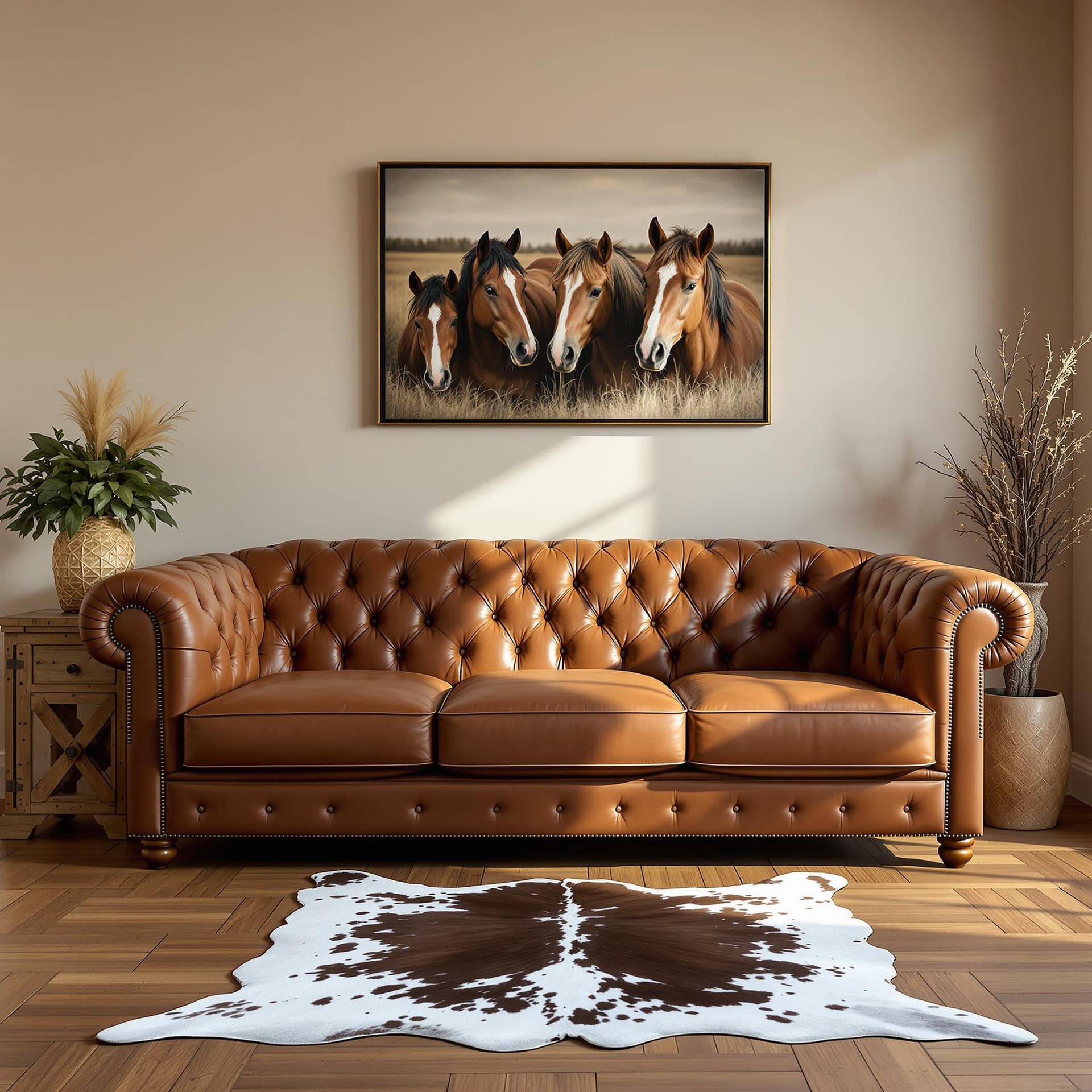 AI generated: photograph, comfy western living room, morning, wood floor, cowhide rug, horses portrait, including ...