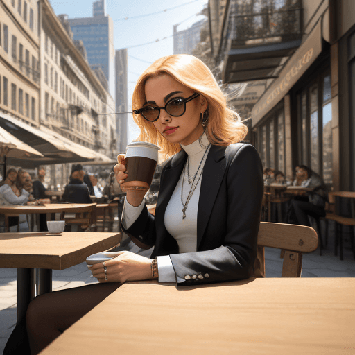 AI generated: Sosmed influencer, sitting at an outdoor café table, holding a mug of coffee, wearing a chic outfit ...