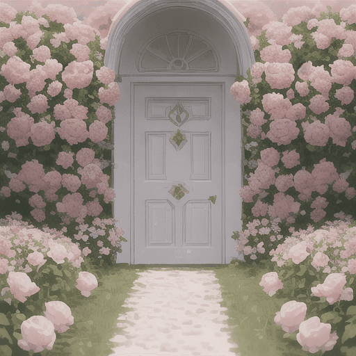 AI generated: a full size ornate pink door in a field of white and pink peonies and roses. Pastel flowers growing ...