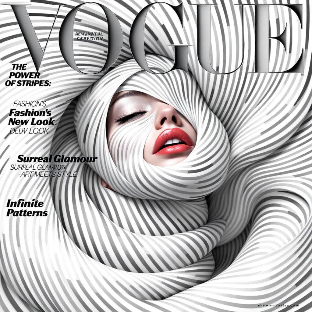 AI generated: VOGUE magazine cover featuring a mesmerizing woman wrapped in a swirling vortex of stripes. The line...