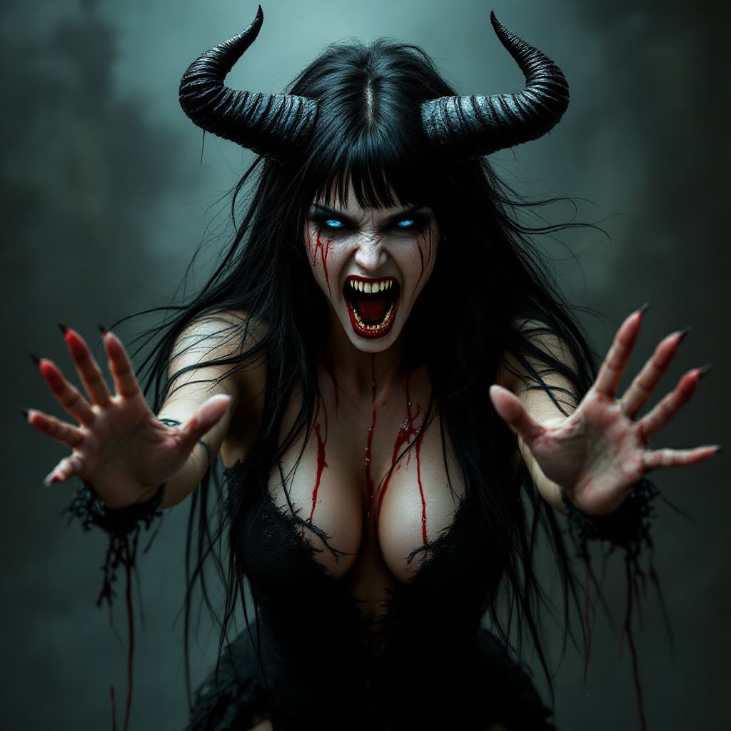 AI generated: Hyper realistic full body photo of female fire demon. Black horns protruding from forehead, long bla...