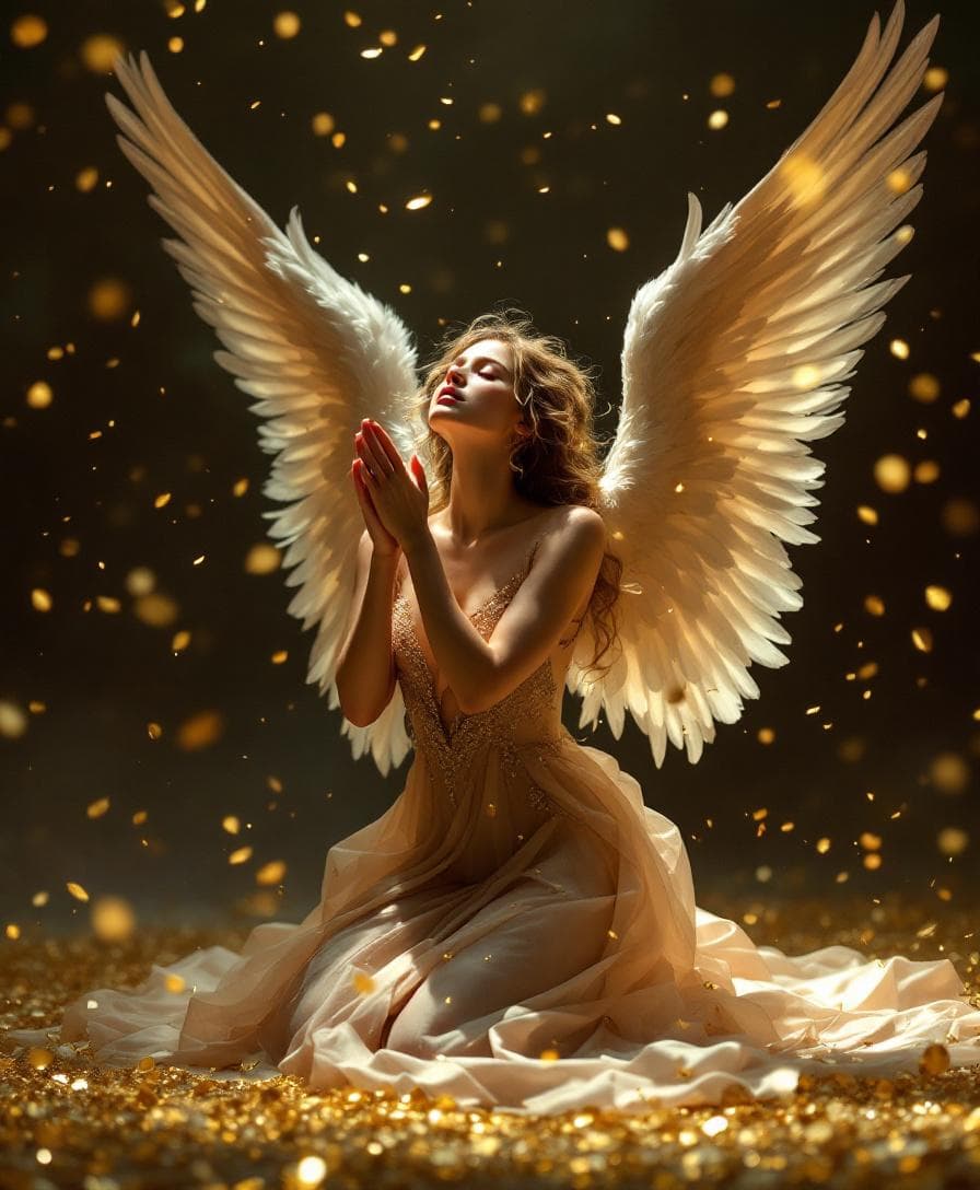 AI generated: Kneeling angel, rose and gold dress, praying. Her wings unfold slowly, feathers catching the light. ...