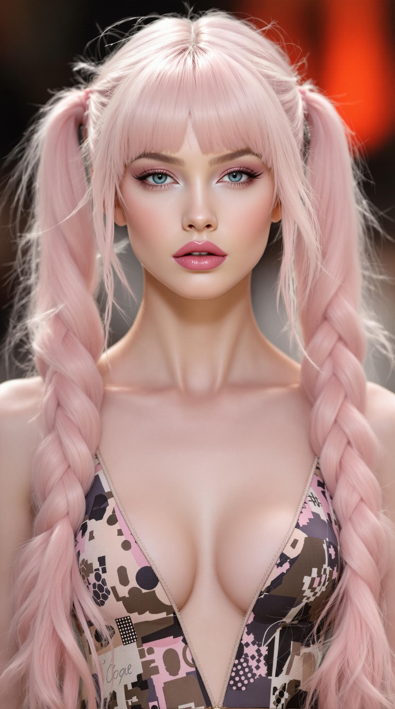 AI generated: Vogue Runway Model with long Pigtails in the style of candycore hair, pale skin and light pink lips ...
