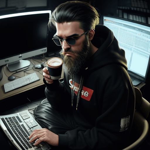 AI generated: hacker, darkroom, coder, computer, man, medium beard, cool, grunge, (typing), ultra detailed and det...