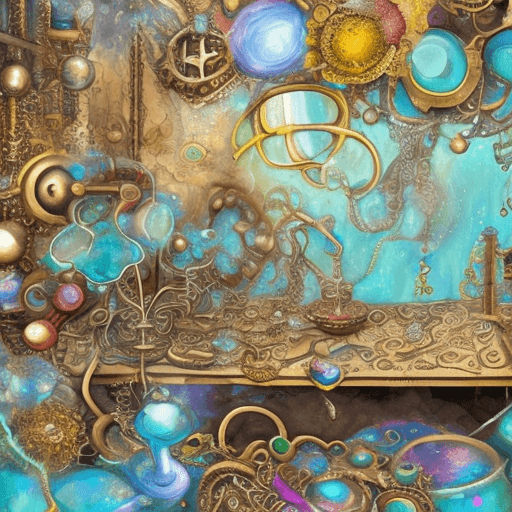 AI generated: digitally creative psychedelic collage, steampunk, alchemist, workshop, chemistry, jewelry designer,...