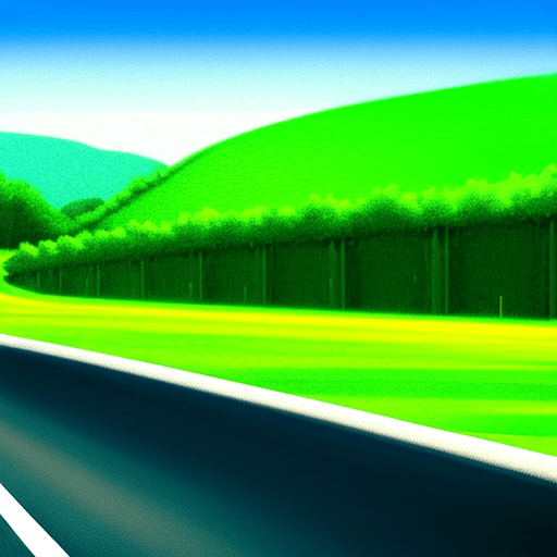 AI generated: empty motorway as seen from the drivers seat. Bright sunny day. Green countryside.
