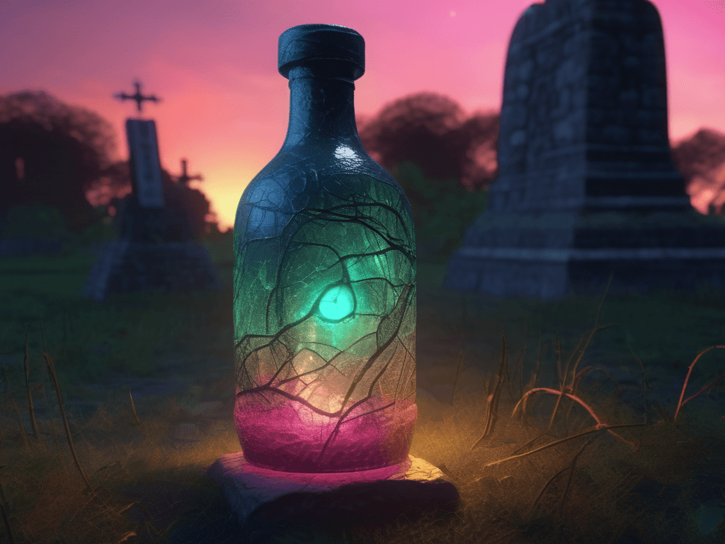 AI generated: A mystical glass bottle found in a graveyard