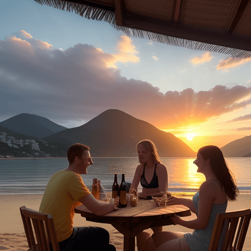 AI generated: Generate a photo that shows a landscape of a small beach at sunset surrounded by mountains. Several ...