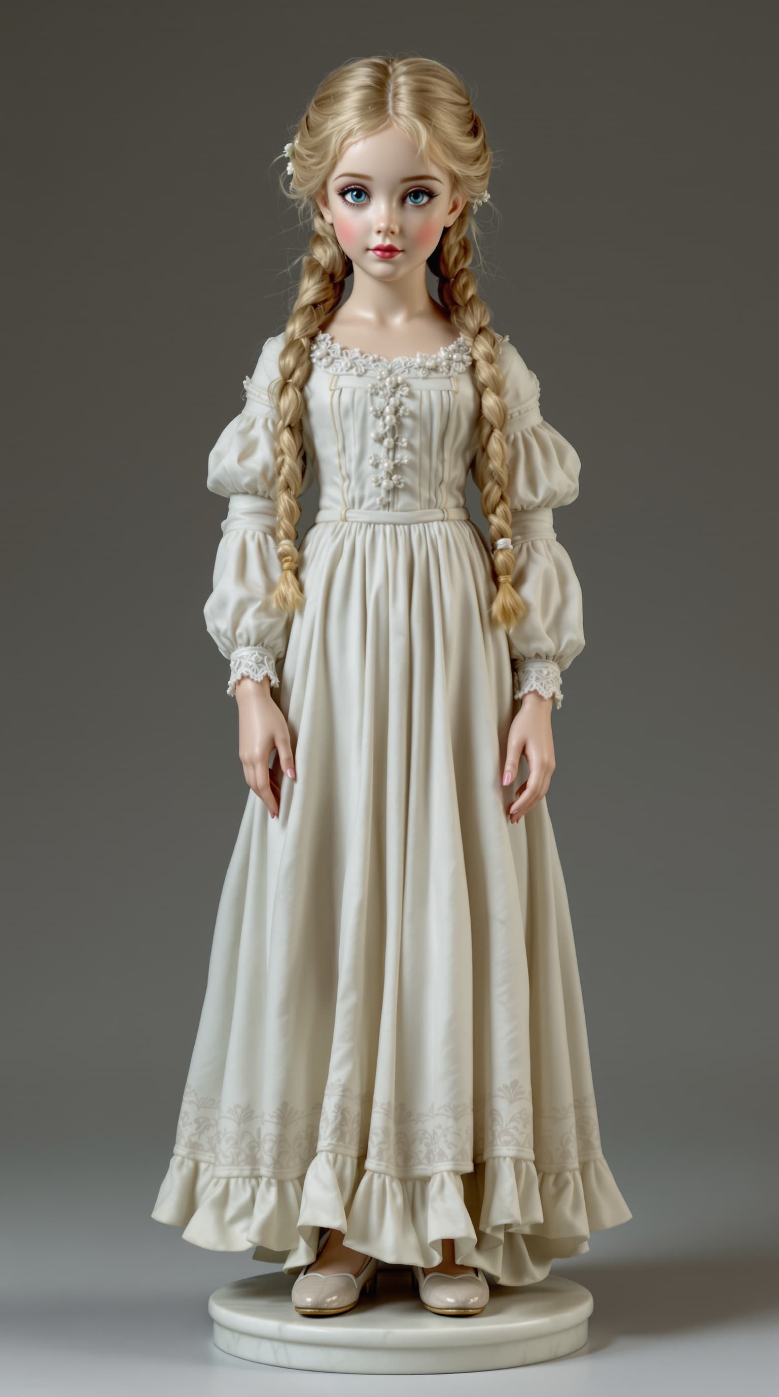 AI generated: A professional photograph captures the exquisite antique porcelain figurine of a twelve-year-old gir...