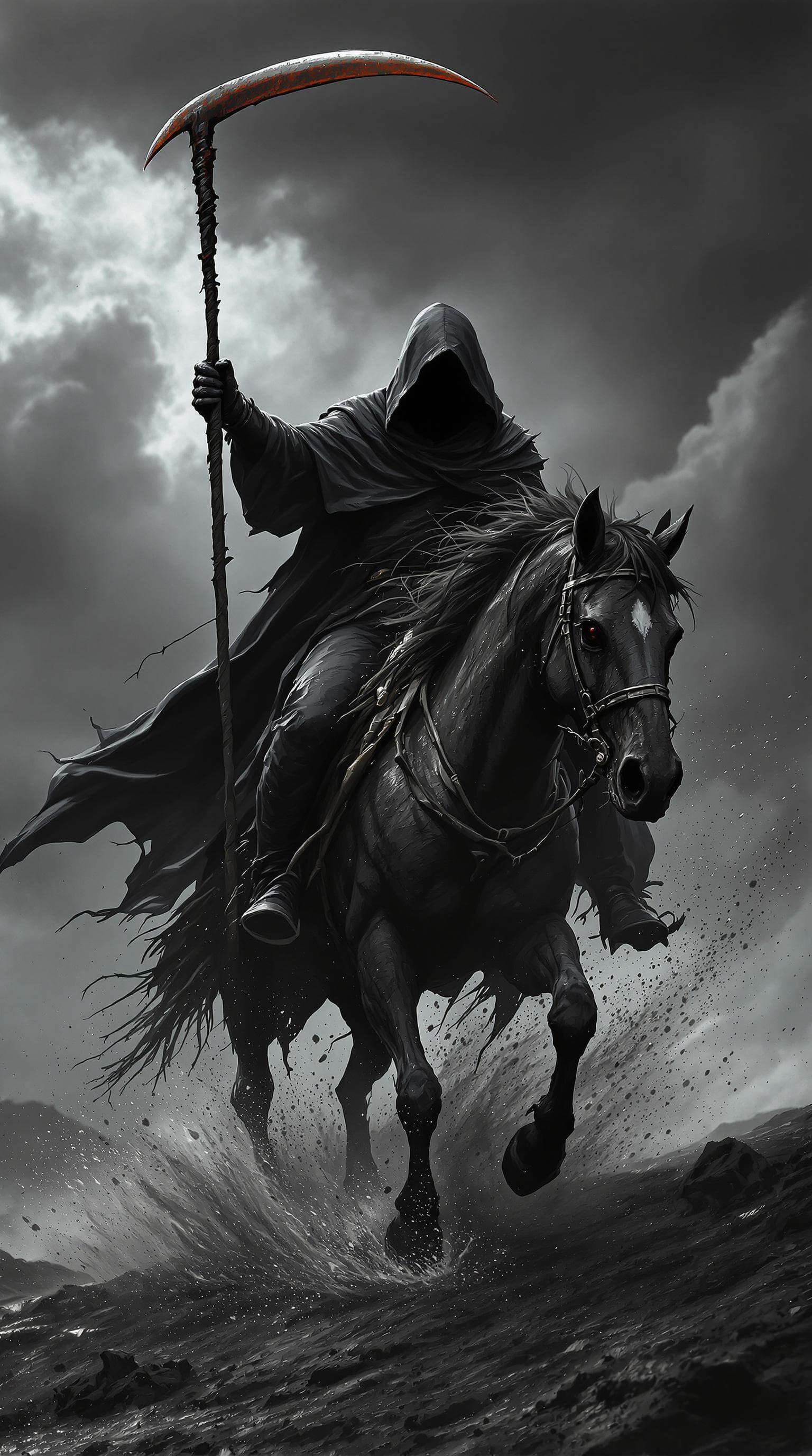 AI generated: The image depicts a dark and dramatic scene of a cloaked figure holding an old rusty scythe riding a...