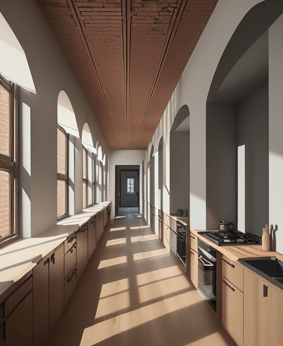 AI generated: High resolution photography of interior design, OF A CORRIDOR INSIDE A HOUSING BUILDING WITH TWO BRI...
