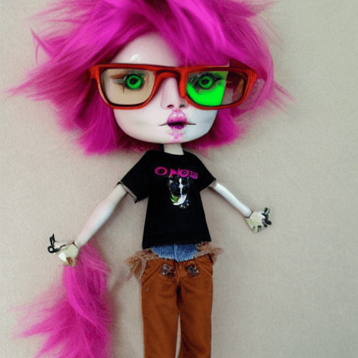 AI generated: mhdolls, grunge androgynous style, short curly orangish-pink hair in a boy haircut, monster high dol...