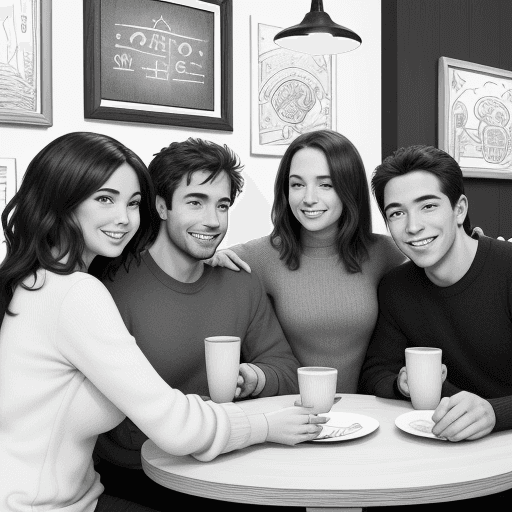 AI generated: A hand-drawn scene in black and white. Three individuals, 2 women, and 1 man, smiling, happy, and ex...