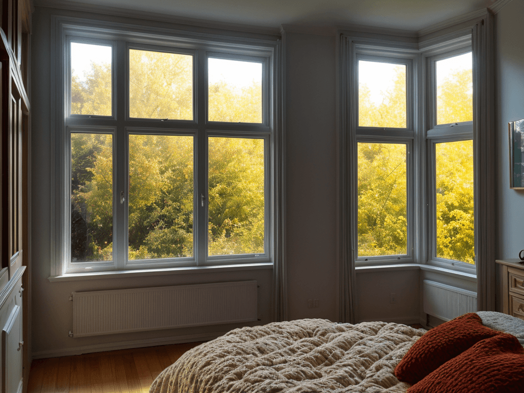 AI generated: hyper realistic closeup photo of a raytraced clear window letting light into a cozy bedroom, windows...