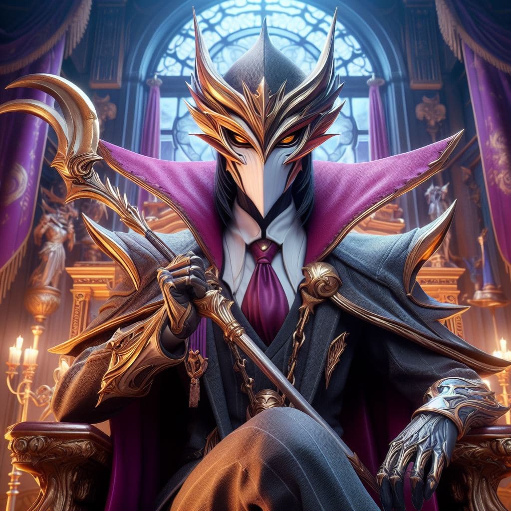 AI generated: Capture Shaco Magistrate in a hyper-realistic photograph set amidst a grand and ornate courtroom. Sh...