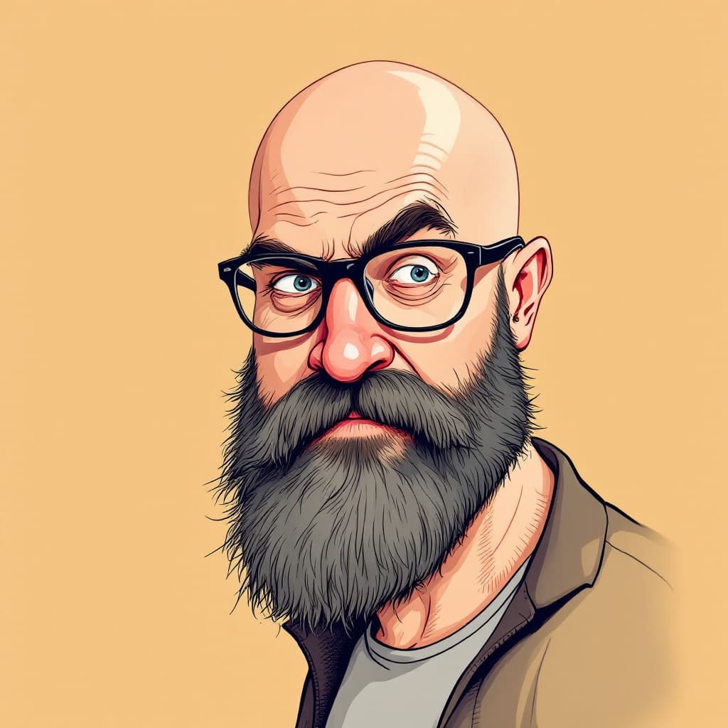 AI generated: caricature illustration of a caucasian man bald with black glasses and short grey beard, comic book ...