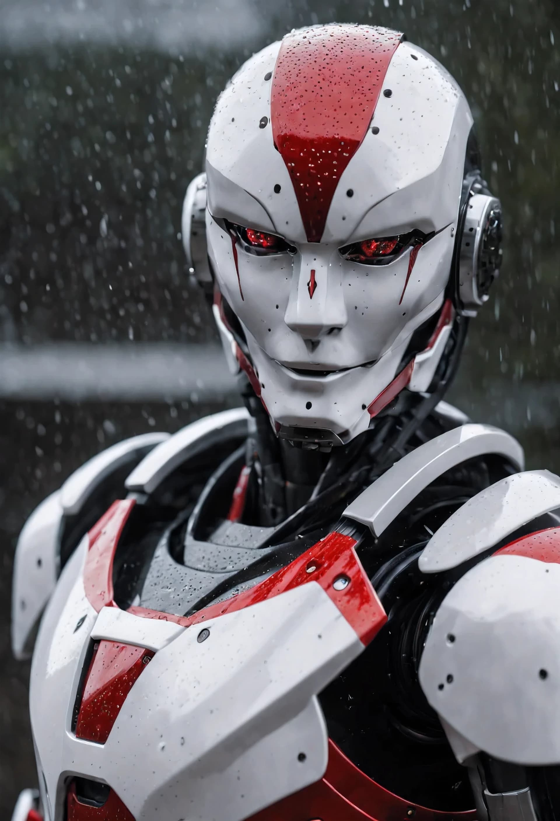 AI generated:  a close-up of a humanoid robot,in suit of armor,design is sleek and modern,red and white accents,gr...
