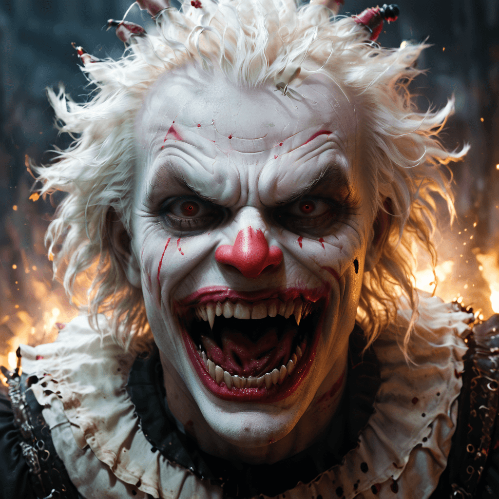 AI generated: (photo RAW), creepy angry evil man clown with long, sharp bloody teeth, fantasy, horror, white hair,...