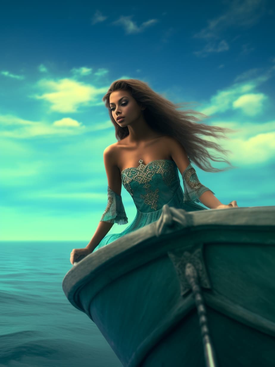 AI generated: a beautiful young woman riding on the back of a boat, by Ignacio Zuloaga, metallic cyan tight dress,...