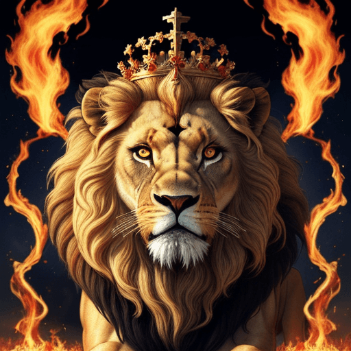 AI generated: a poster depicts a Lion WHo look ferocious and have crown on his head. It give devine presence like ...