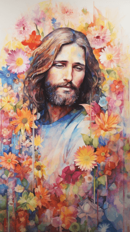 AI generated: happy Jesus Christ in watercolor style, with flowers, very colorful, insanely detailed and intricate...