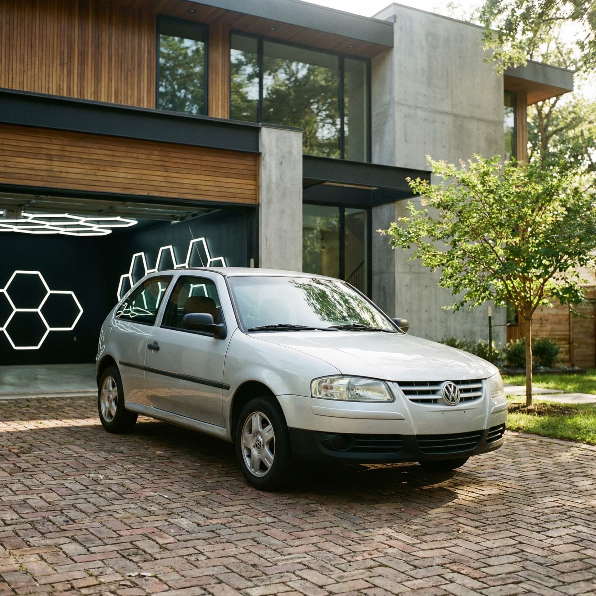 AI generated: A silver Volkswagen Gol parked on a brick driveway in front of a modern house, a small tree to the r...