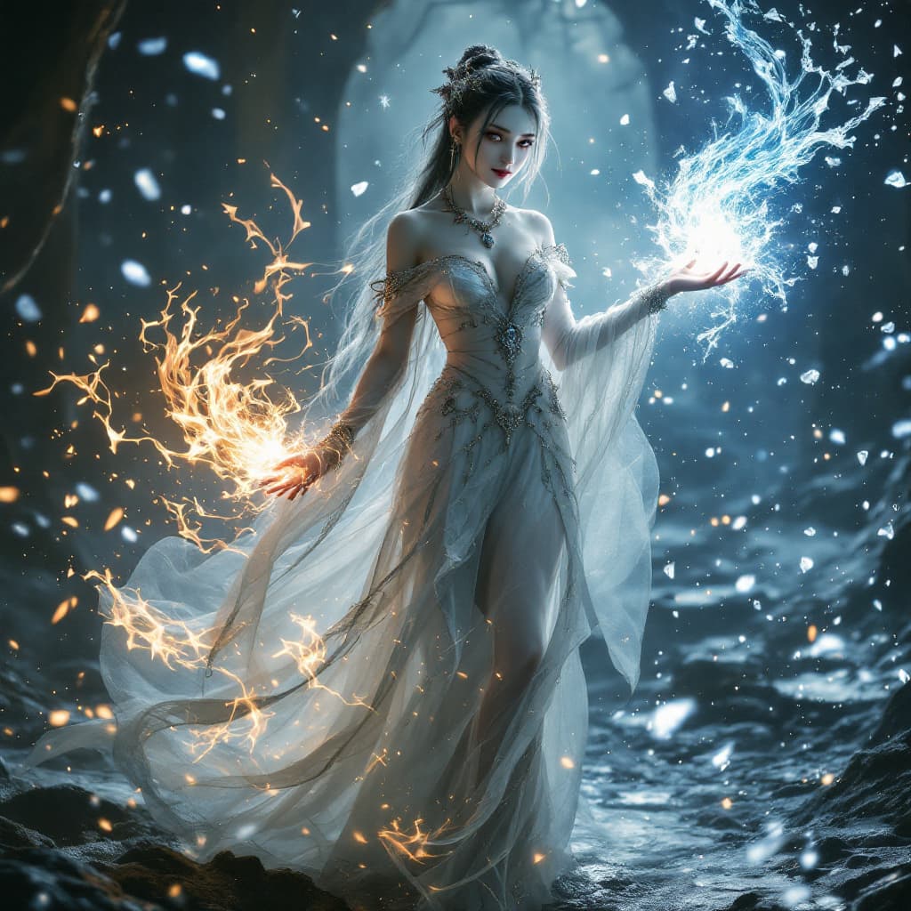 AI generated: Full body view of A gorgeous, slender 19-year-old Japanese-looking witch stands in a magical realm o...