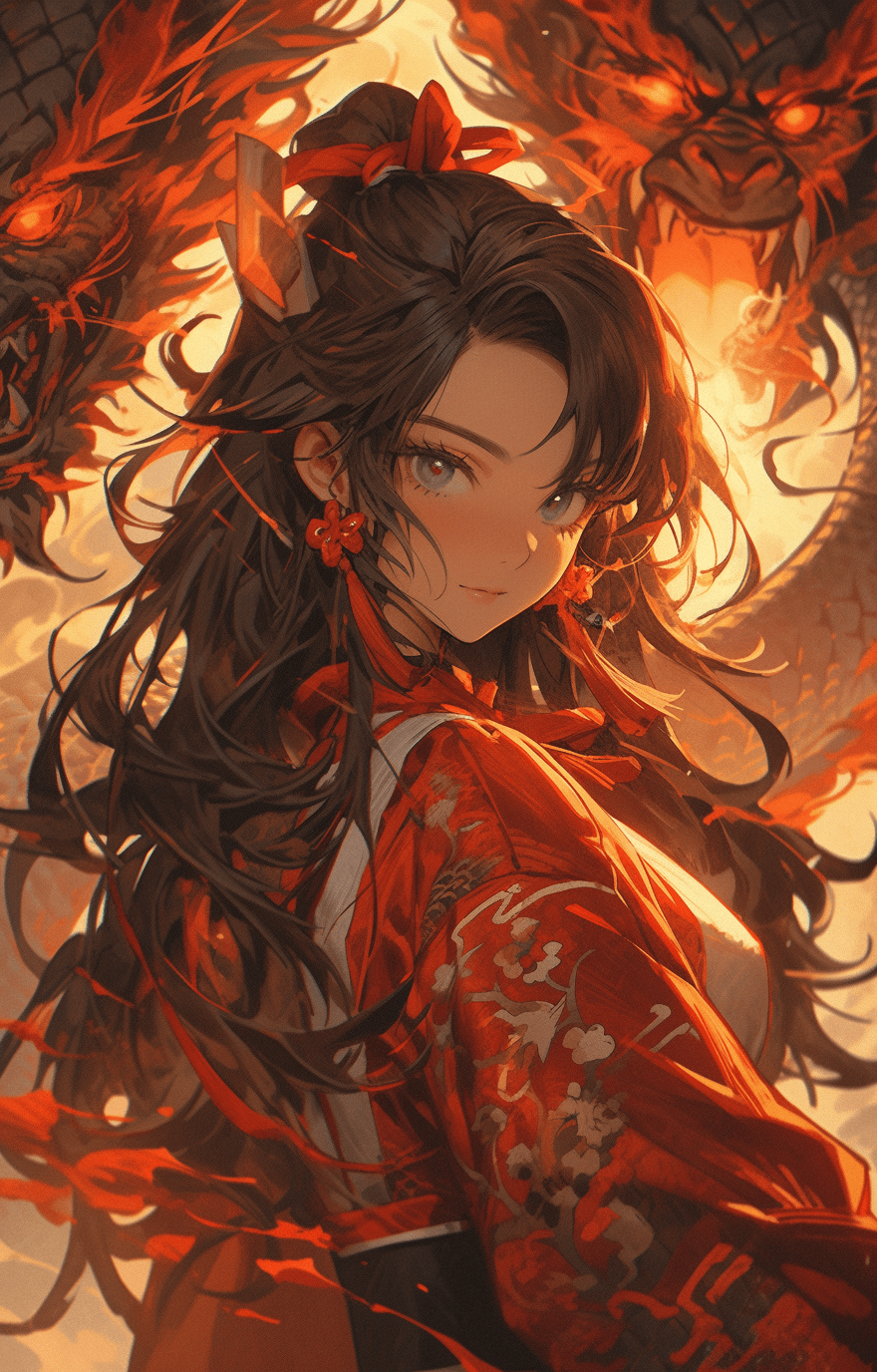 AI generated: a girl standing in front of some fiery clouds, in the style of artgerm, chinese iconography, skottie...