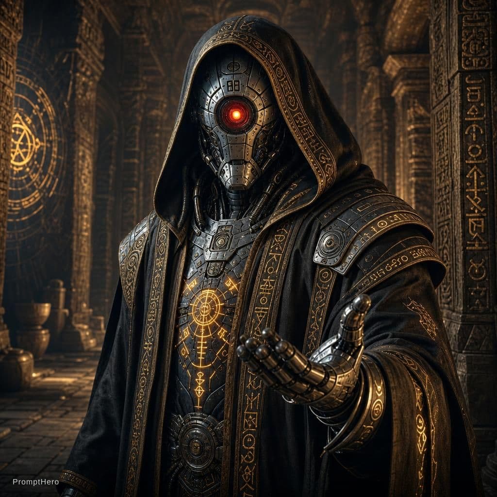 AI generated: Generate an image of a cybernetic mystic in an ancient corridor. The figure has a robotic face with ...