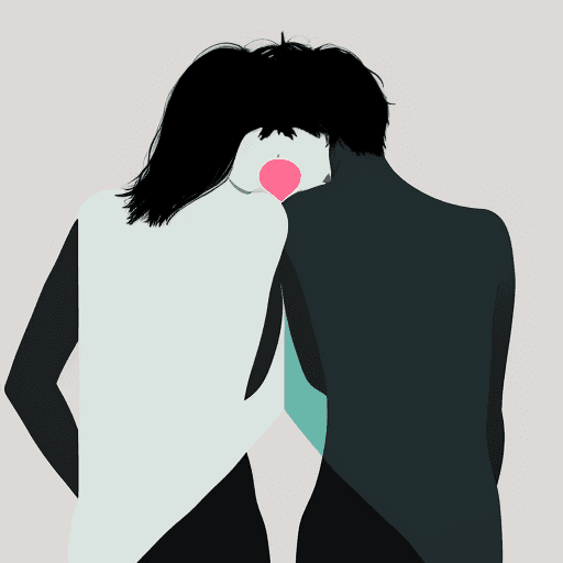 AI generated: MInimalist abstrac image of two people huging each other, one behind the other, with a color palette...