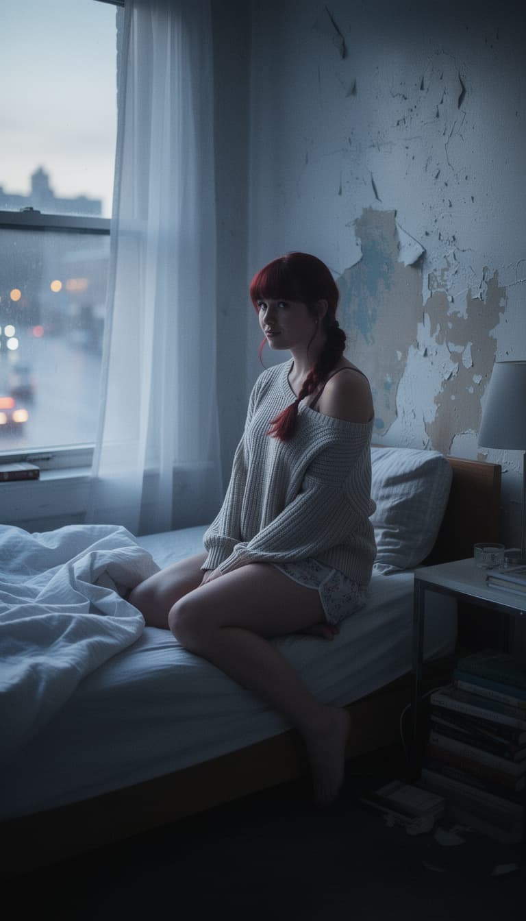 AI generated: Candid documentary scene of a young female perched on the edge of her bed in a narrow city apartment...