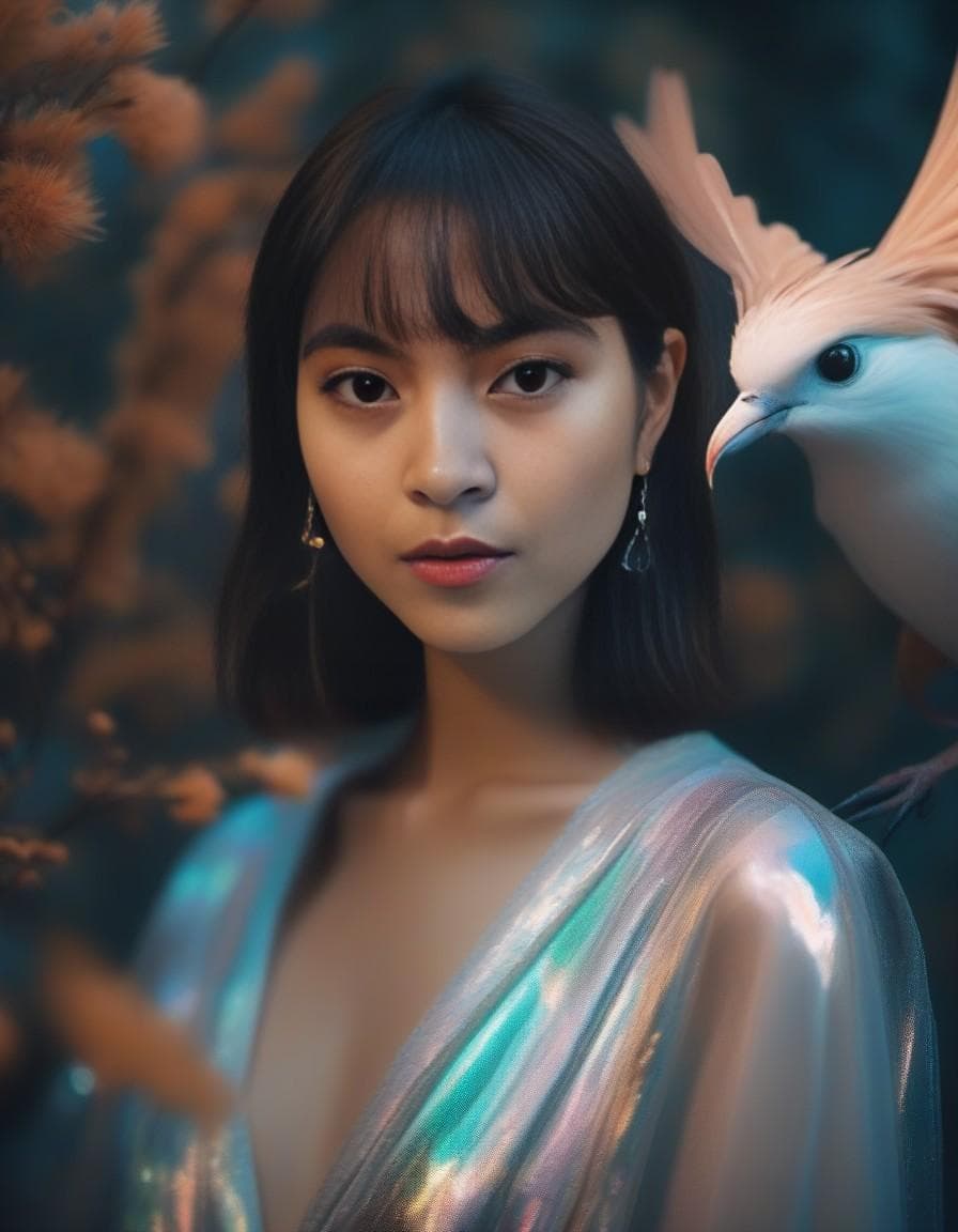 AI generated: hologram of hybrid of woman and bird, vogue aesthetic, crazy woman, model watching on viewer, gucci ...