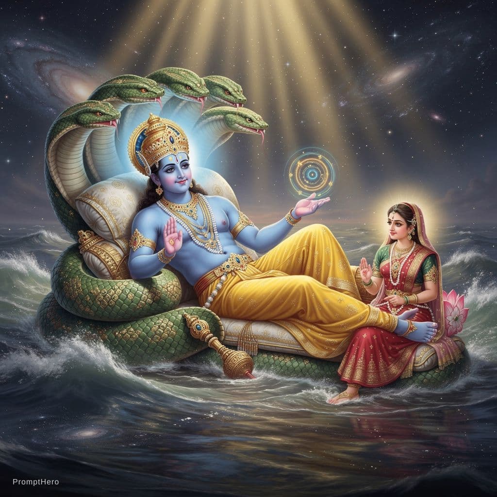 AI generated: Ultra-detailed 8K cinematic artwork of Lord Vishnu reclining peacefully on Sheshnag in the cosmic oc...