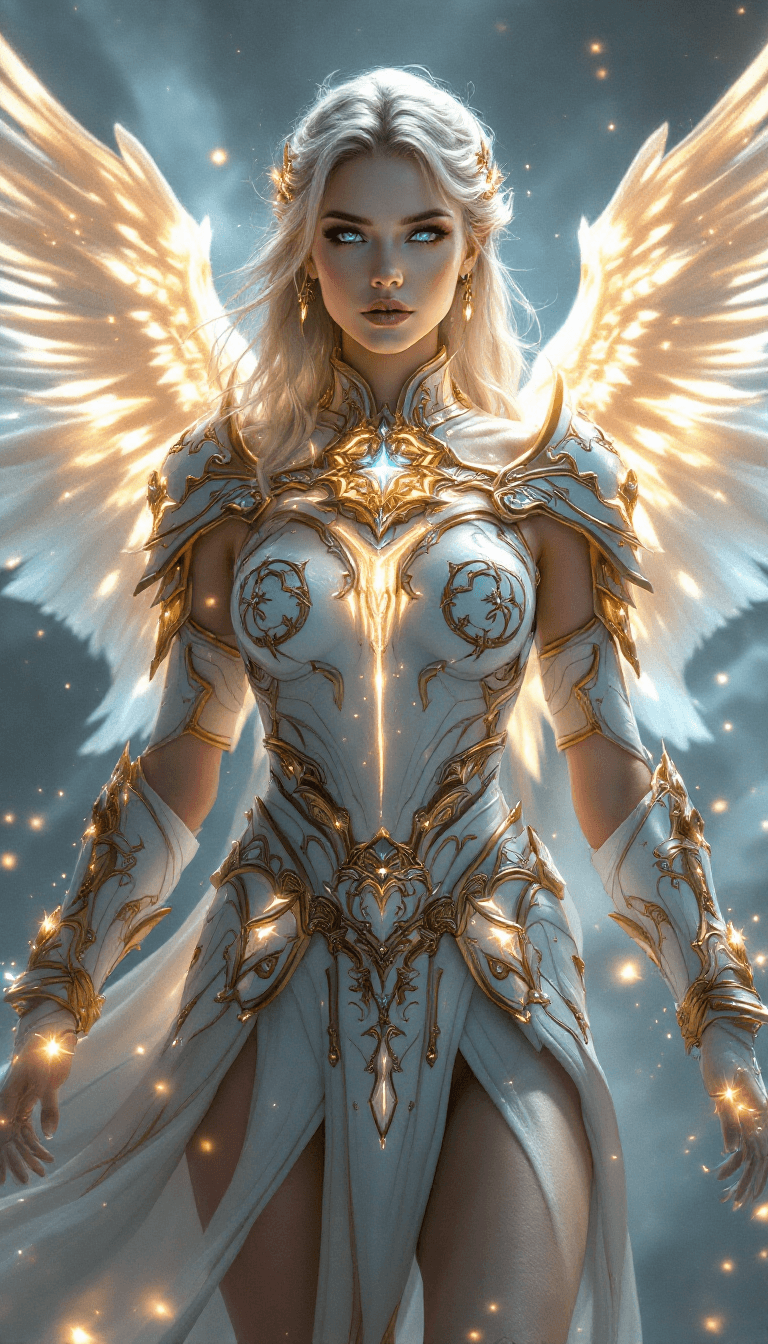 AI generated: An ultra-realistic, full-body portrait of a captivating celestial paladin woman, radiating divine po...