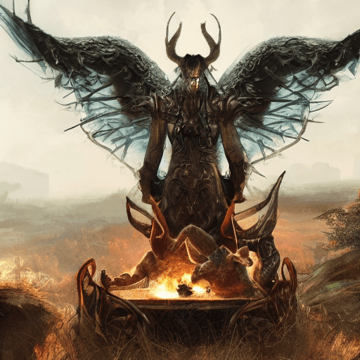 AI generated: a male demon sitting on a throne with kneeling men and goats, oil-painting, intricate painting, tren...